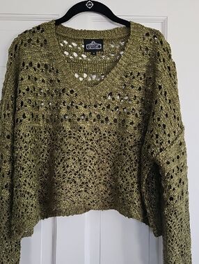 Angie Olive Crochet V-Neck Knit Sweater